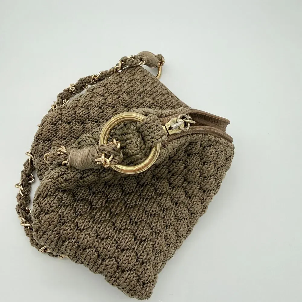 Lina Taupe Crochet Knit Shoulder Bag Boho Woven Chain Strap Purse